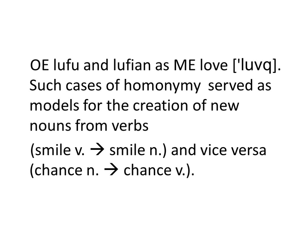 OE lufu and lufian as ME love ['luvq]. Such cases of homonymy served as